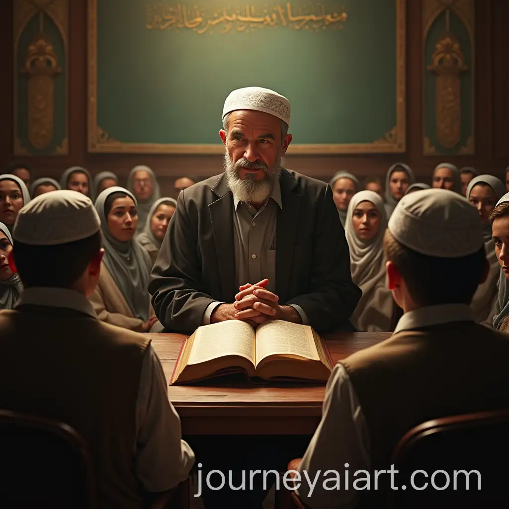 Teacher-Facing-Pupils-with-Quran-on-Desk-and-AttAI-Image-Prompt-Expansionentive-Disciples