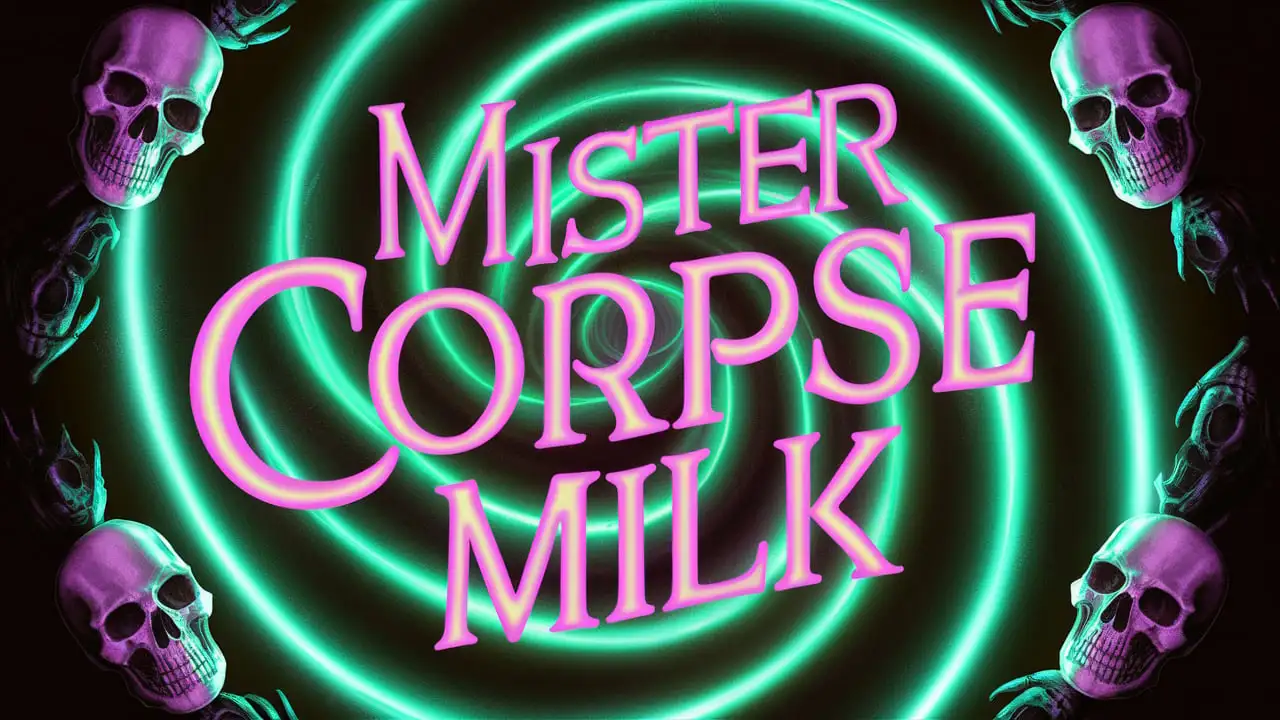 Neon Green and Purple Mister Corpse Milk Signage with Horror Skulls