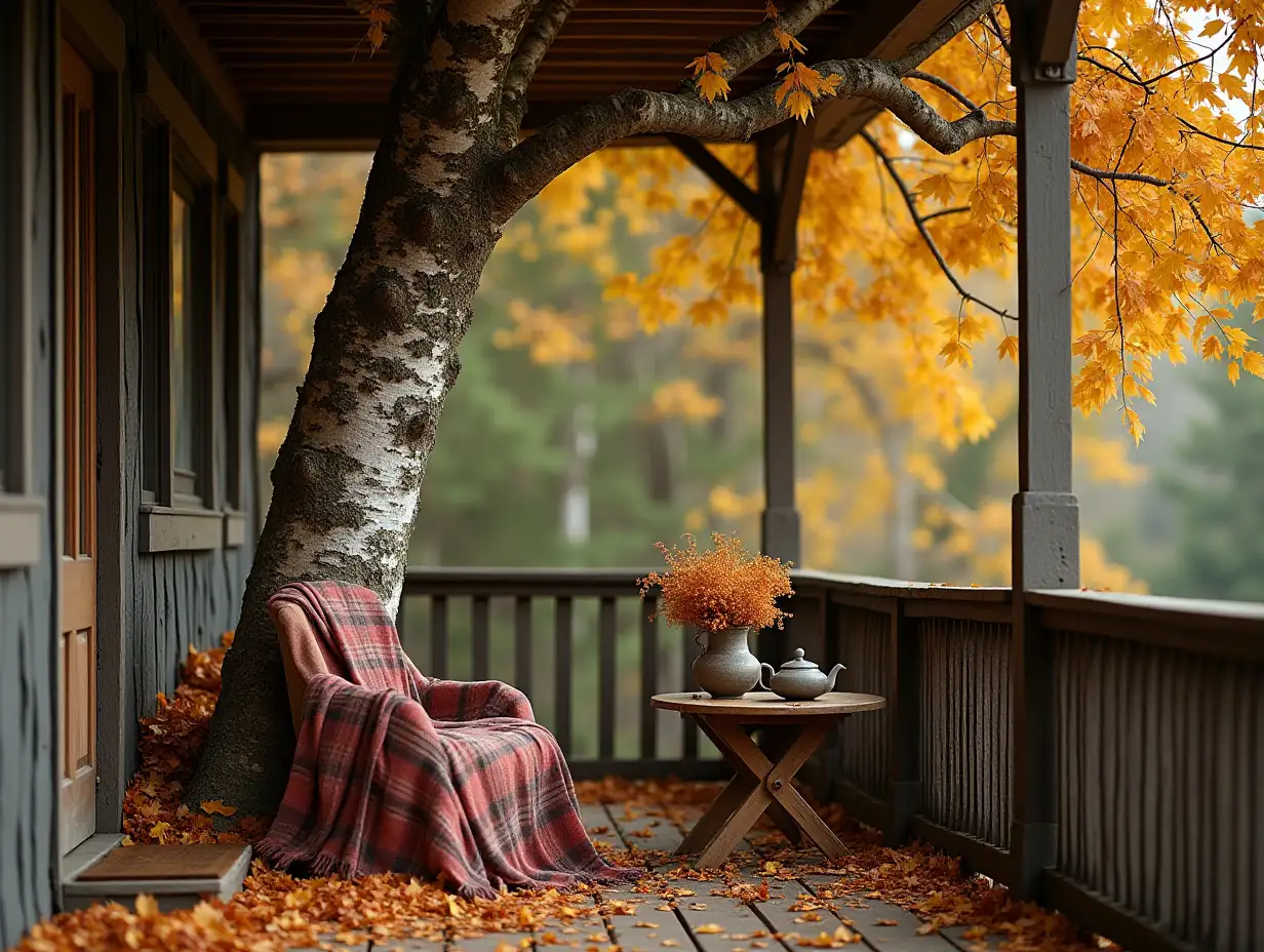 A cozy autumn scene on an old, weathered veranda, as if time has stood still for 50 years. In place of a person, a thick birch tree with dense branches reaching the ground stands near a small, timeworn wooden table. The tree's golden leaves sway gently, as though listening to the whispers of the past. The veranda, surrounded by the warm colors of fall, has a faded plaid blanket draped over one side of the table, next to an old teapot and a vase filled with dried autumn flowers. The scene is bathed in soft, golden light, with fallen leaves carpeting the ground. A gentle breeze rustles through the ancient trees, adding to the tranquil, nostalgic atmosphere