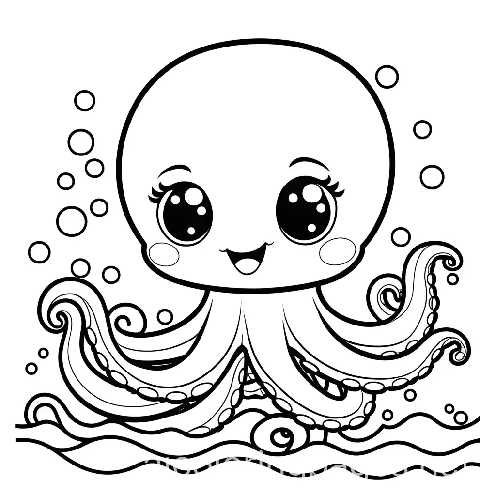 a cute chibi style of a cute little happy baby octopus in the ocean, Coloring Page, black and white, line art, white background, Simplicity, Ample White Space. The background of the coloring page is plain white to make it easy for young children to color within the lines. The outlines of all the subjects are easy to distinguish, making it simple for kids to color without too much difficulty