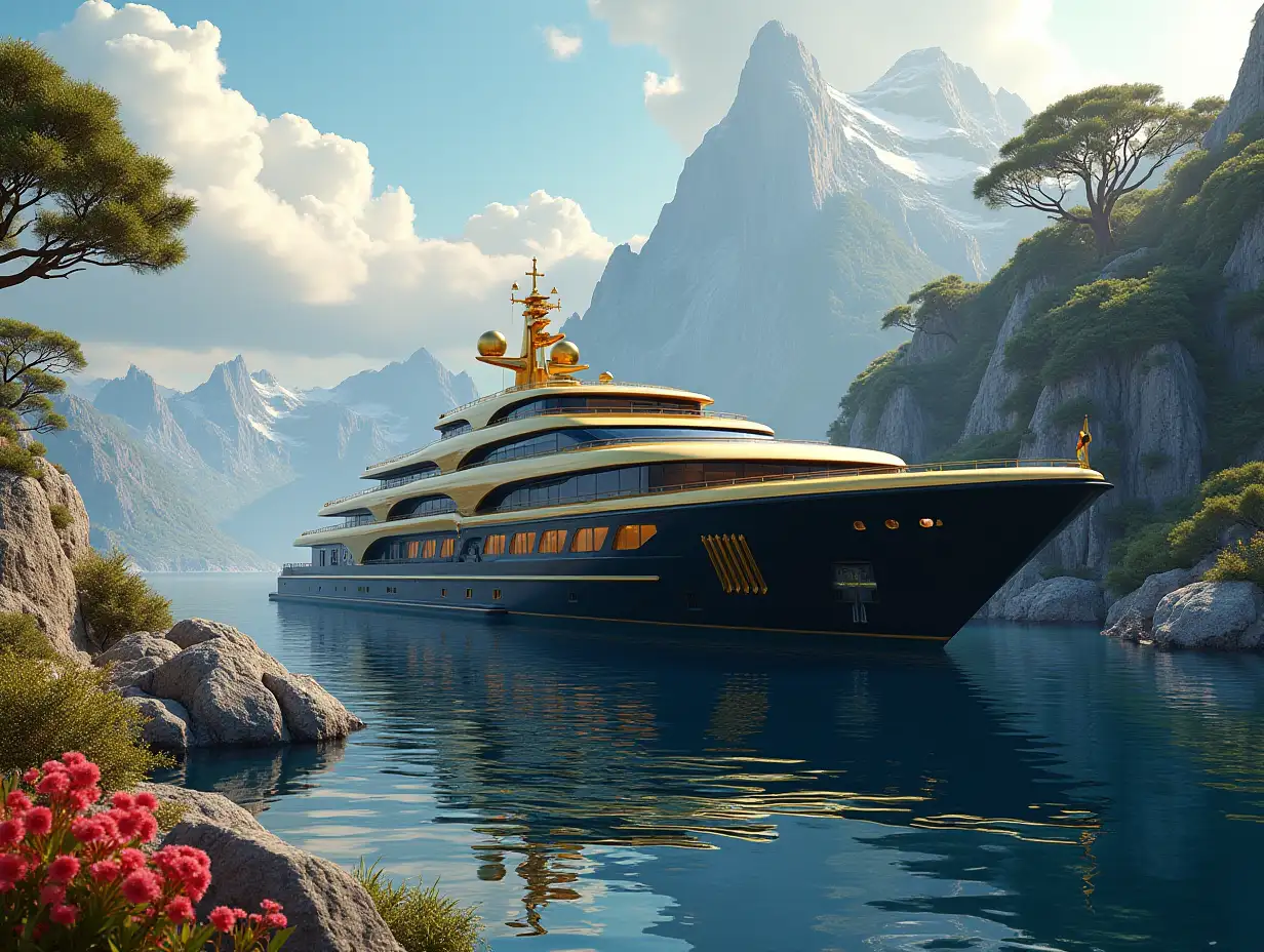 Create a high-resolution realistic image in 4k resolution of a futureistic gold building with black, blue, and red colors having curved pillars, mountains with big trees, rocks, flowers, a futuristic very large yacht with glass windows and a cloudy sky