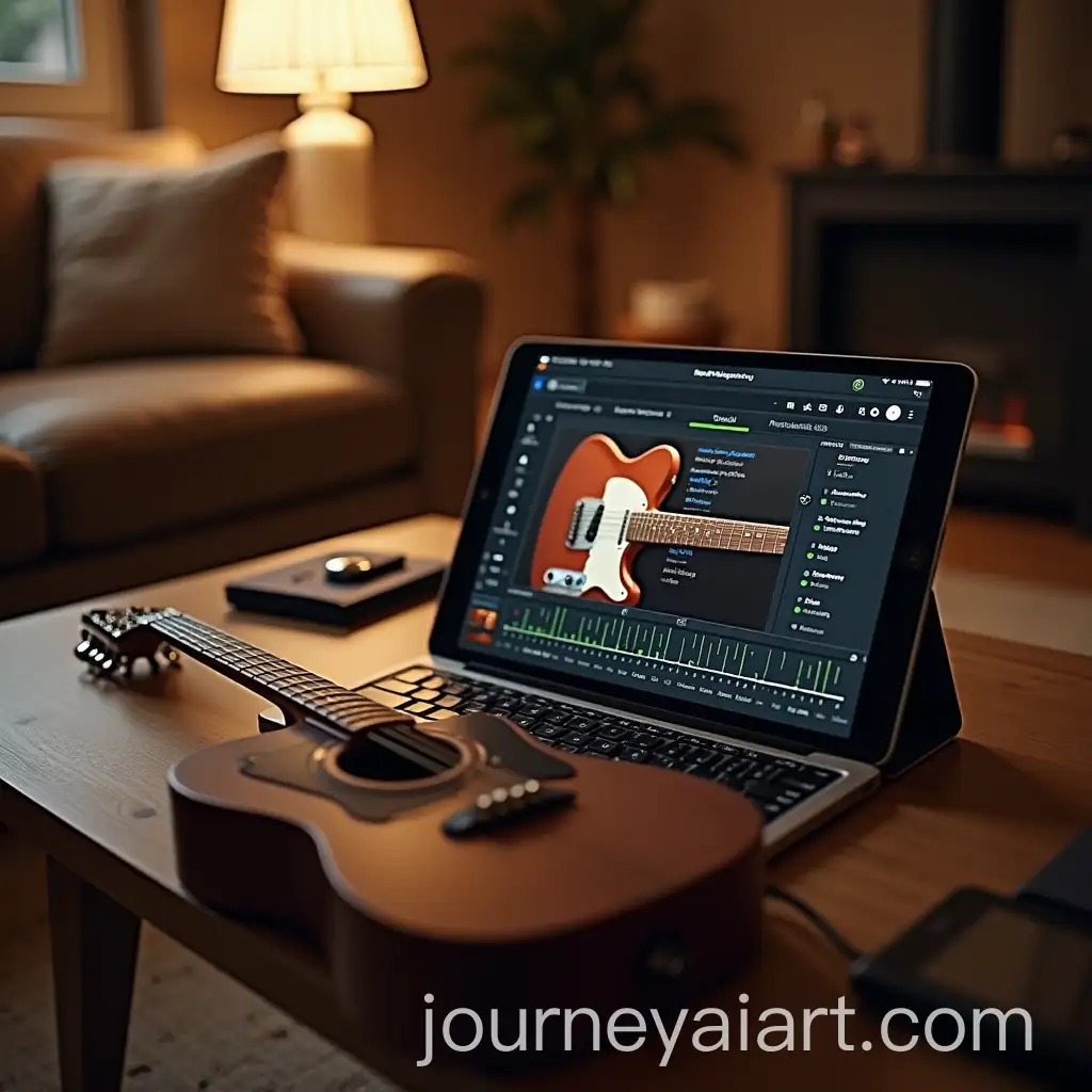 Guitar-Partition-on-Tablet-with-Acoustic-Guitar-on-Coffee-Table