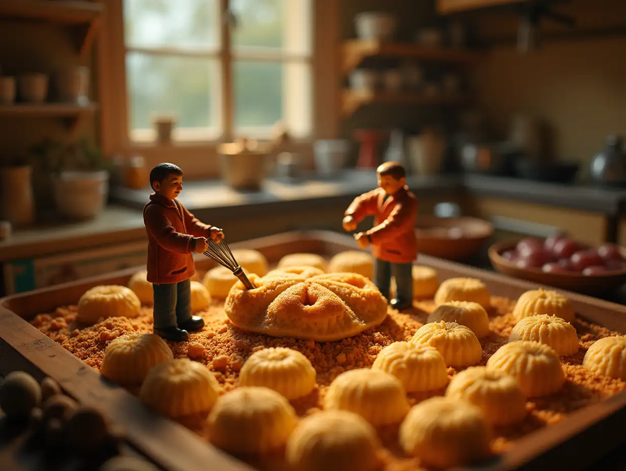 some miniature workers making a big momos with instruments, Momos ingredients are spreading everywhere, A kitchen room, Warming Cinematic realistic photograph , Landscape photo frame   Frame ratio [2592×1954]