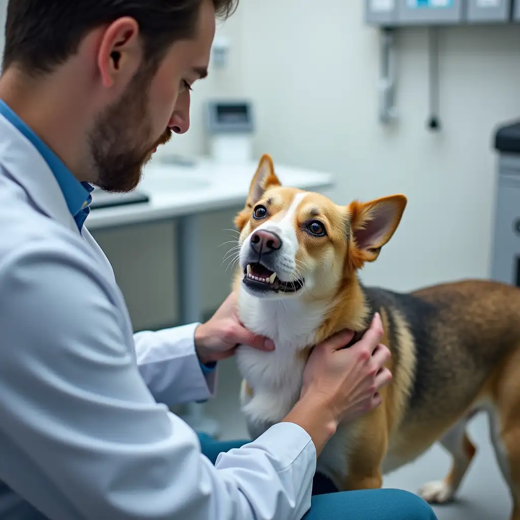 Veterinarian examining dog with cancer