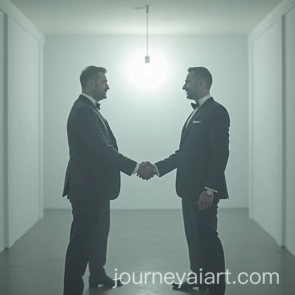Two-Men-in-Tuxedos-Shaking-Hands-in-Foggy-Room-with-Dispersing-Light