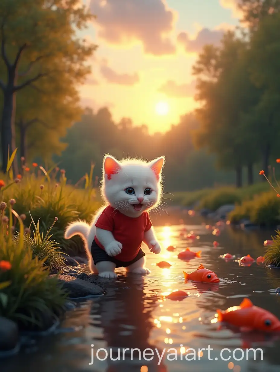 White-KitAI-Image-Prompt-Expansionten-in-Red-TShirt-and-Black-Shorts-Searching-for-Fish-in-a-Forest-River-at-Sunset