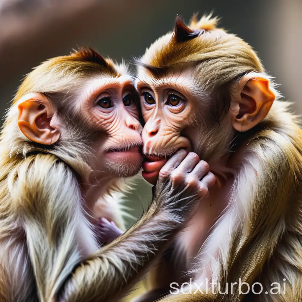 a female monkey who is kissing a male monkey whom she is in love with. Gesture of tenderness
