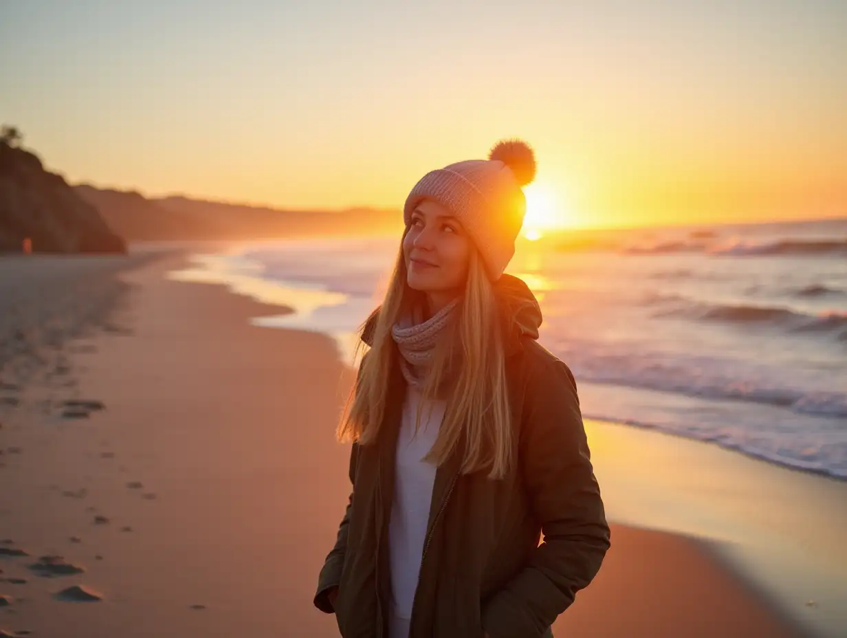 Portrait of cute woman walking along a picturesque sandy beach at sunset in cold weather. Travel, weekend. The concept of relaxation, enjoyment, solitude