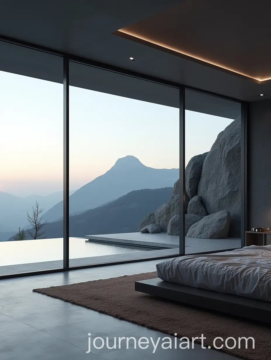 Modern-Minimalist-Bedroom-Overlooking-Infinity-Pool-and-Rocky-Mountain-Landscape