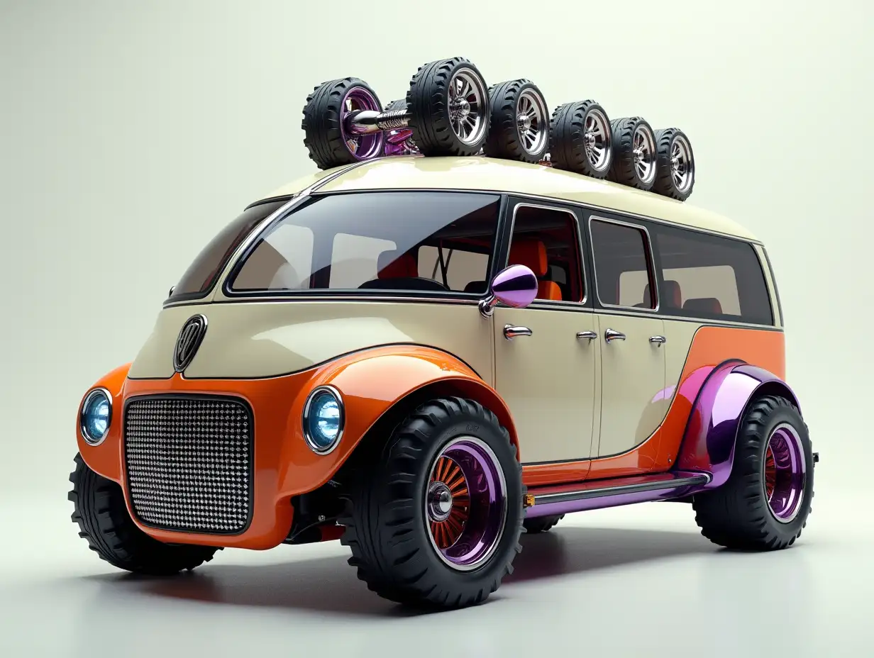 A supermodern utopian sports omnibus with lowered gears, large aluminum wheels on the roof, wide tires, cream, orange, purple and silver colored,utopian, silver-black striped, crome wheels, Cyberpunk