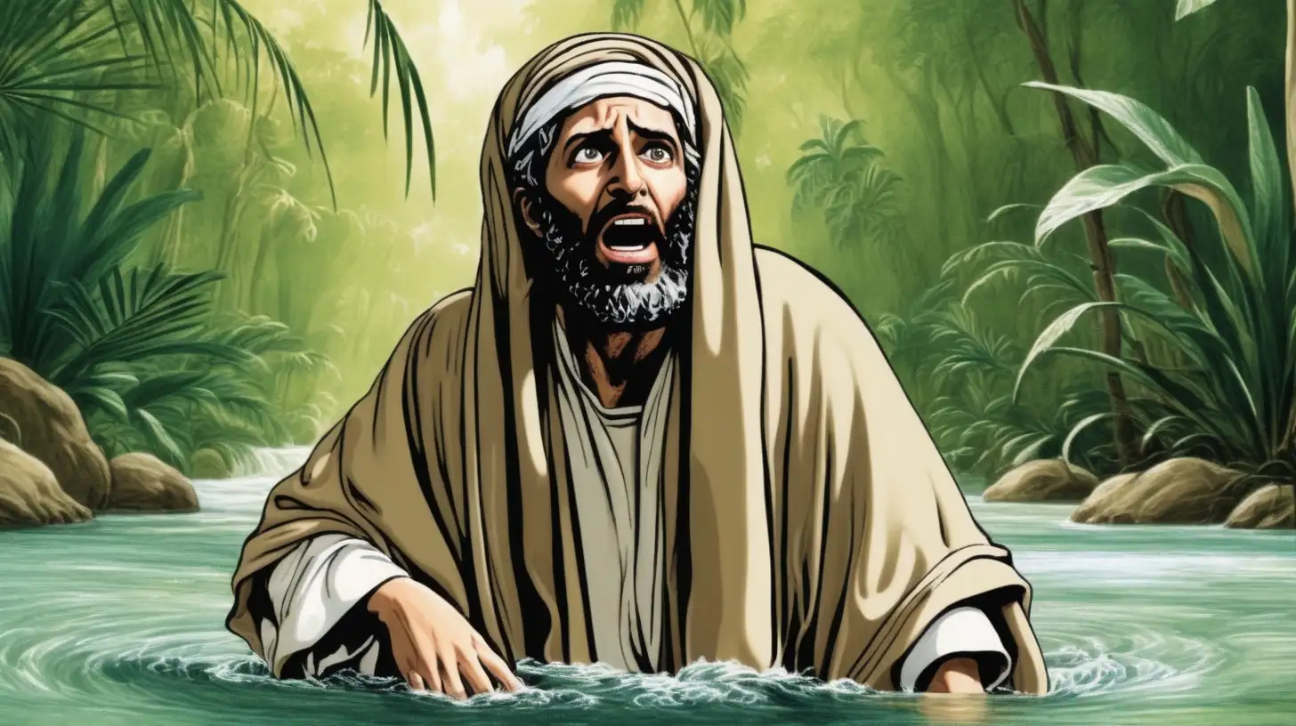 Hebrew Man in Beige Clothing Drowning in Tropical River