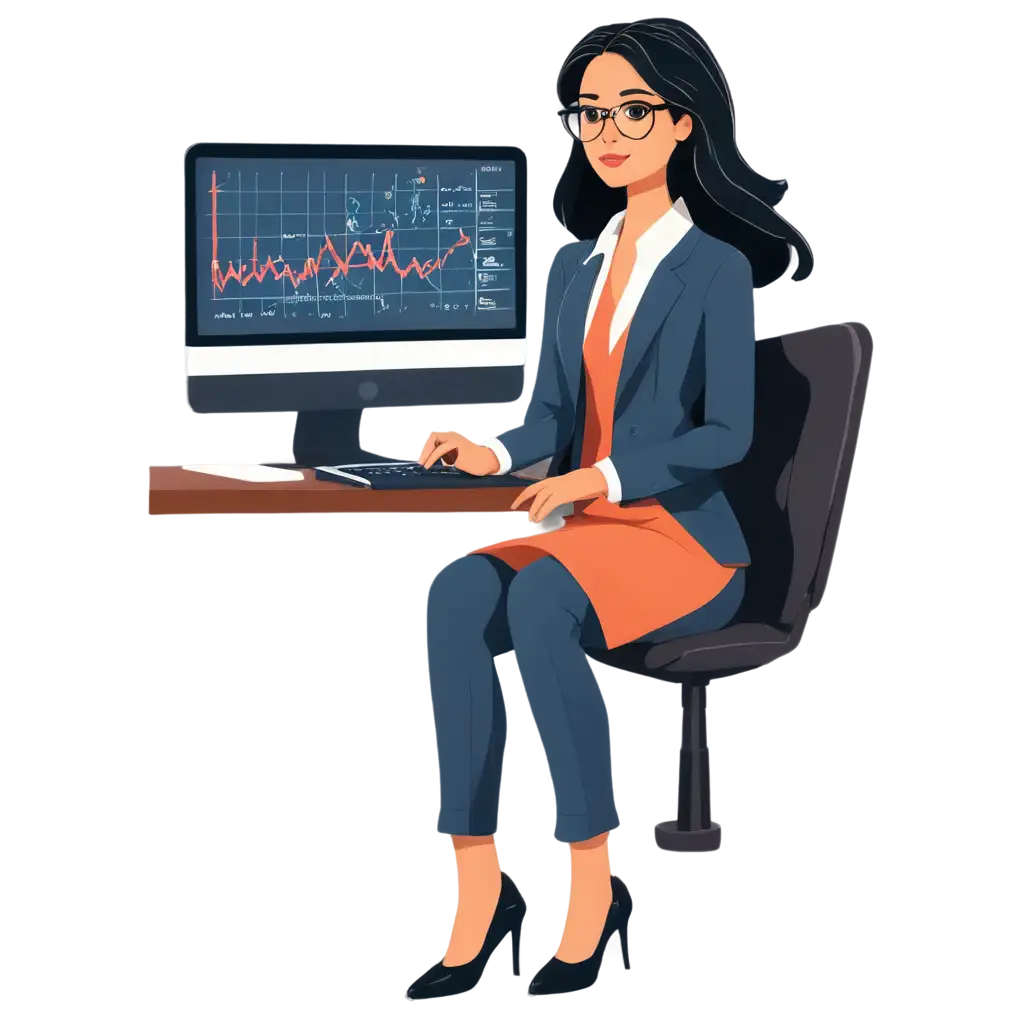 vector image of professional in office infront of computer. looking like a data scientist. a cute professional girl