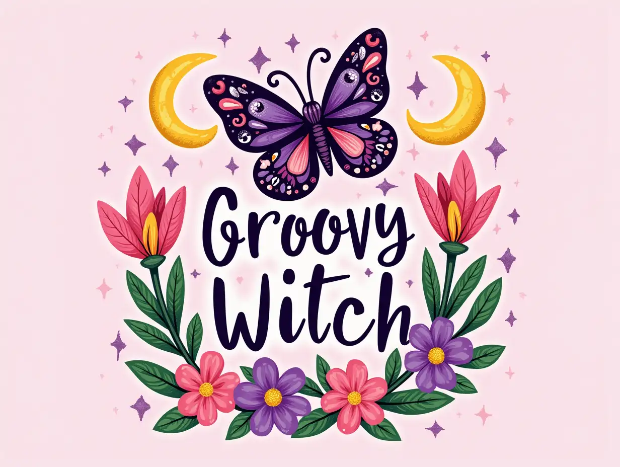 seamless design. Create a whimsical, colorful illustration featuring a central bold text that reads 'Groovy Witch'. Surround the text with vibrant flowers in shades of pink and purple, with playful green leaves. Above the text, include a stylized butterfly with intricate patterns and large eyes. Add two crescent moons on either side of the butterfly, enhancing the mystical theme. The background should have a shimmering, glittery effect in soft pink tones, evoking a dreamy atmosphere. Use a flat, graphic style inspired by retro aesthetics, combining elements of bohemian art with a touch of modern charm.