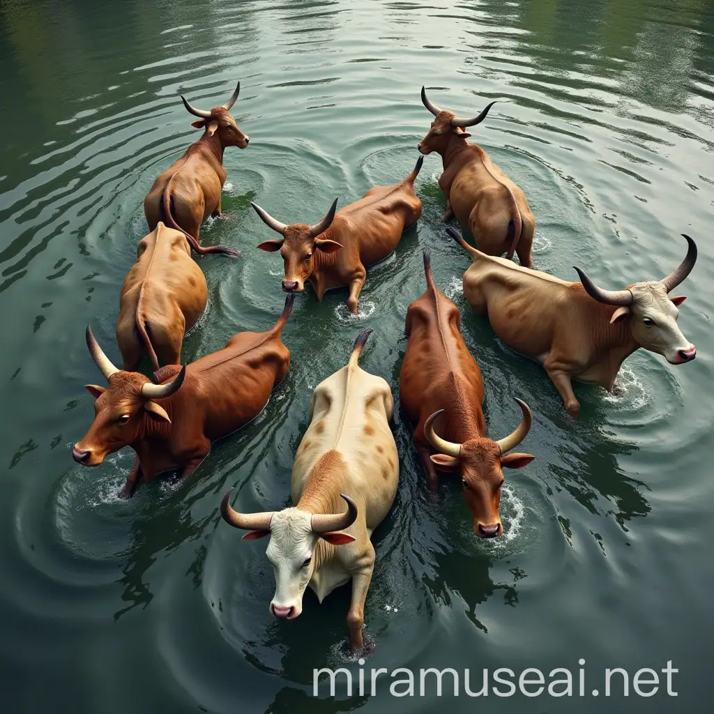 Cows Struggling to Swim in River Scene