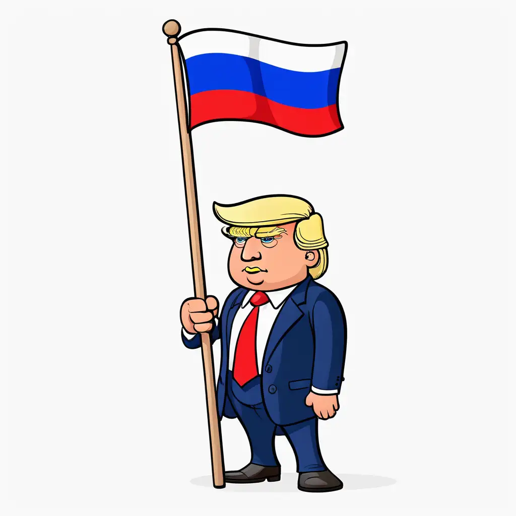 Cartoon Trump Holding Russian Flag on White Background