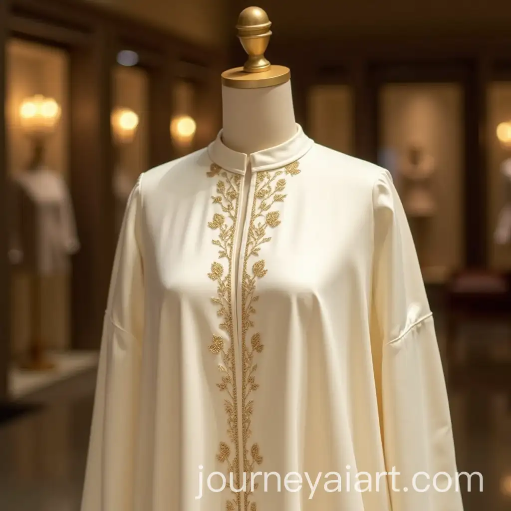 Elegant-Ivory-Agbada-with-Gold-Embroidery-Displayed-on-Mannequin-in-Luxury-Boutique