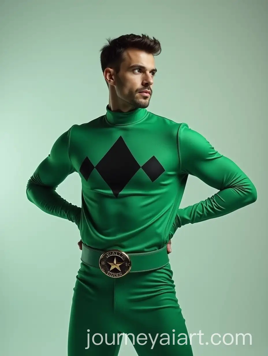 Man-in-Green-Minimalist-Power-Ranger-Costume-with-Black-Accents