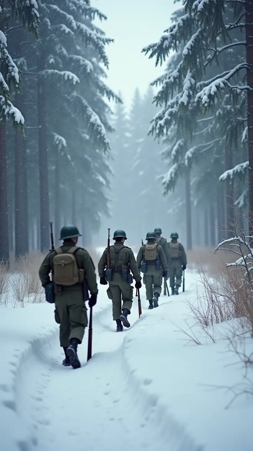 American Soldiers Marching in Snowstorm Forest