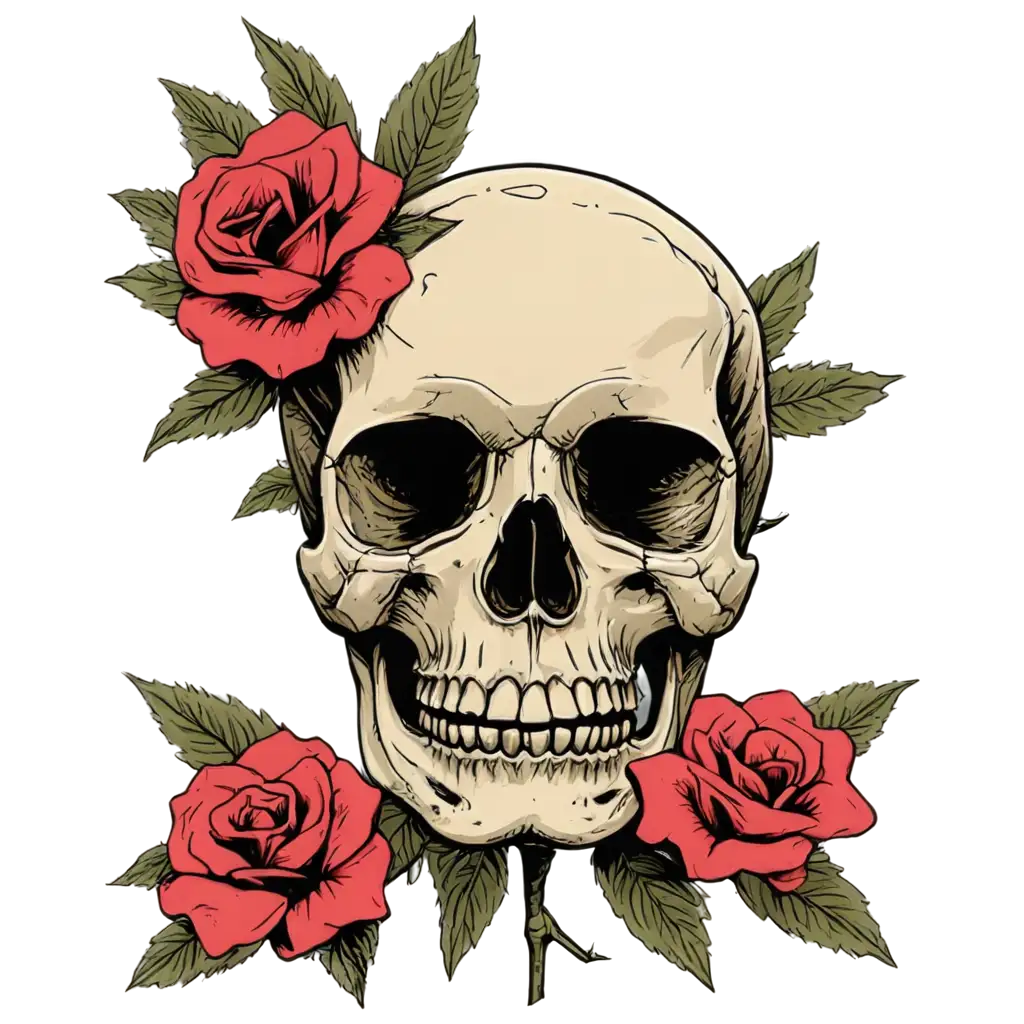 skull and bones crossed drawing with bloody weed and roses growing from the skull