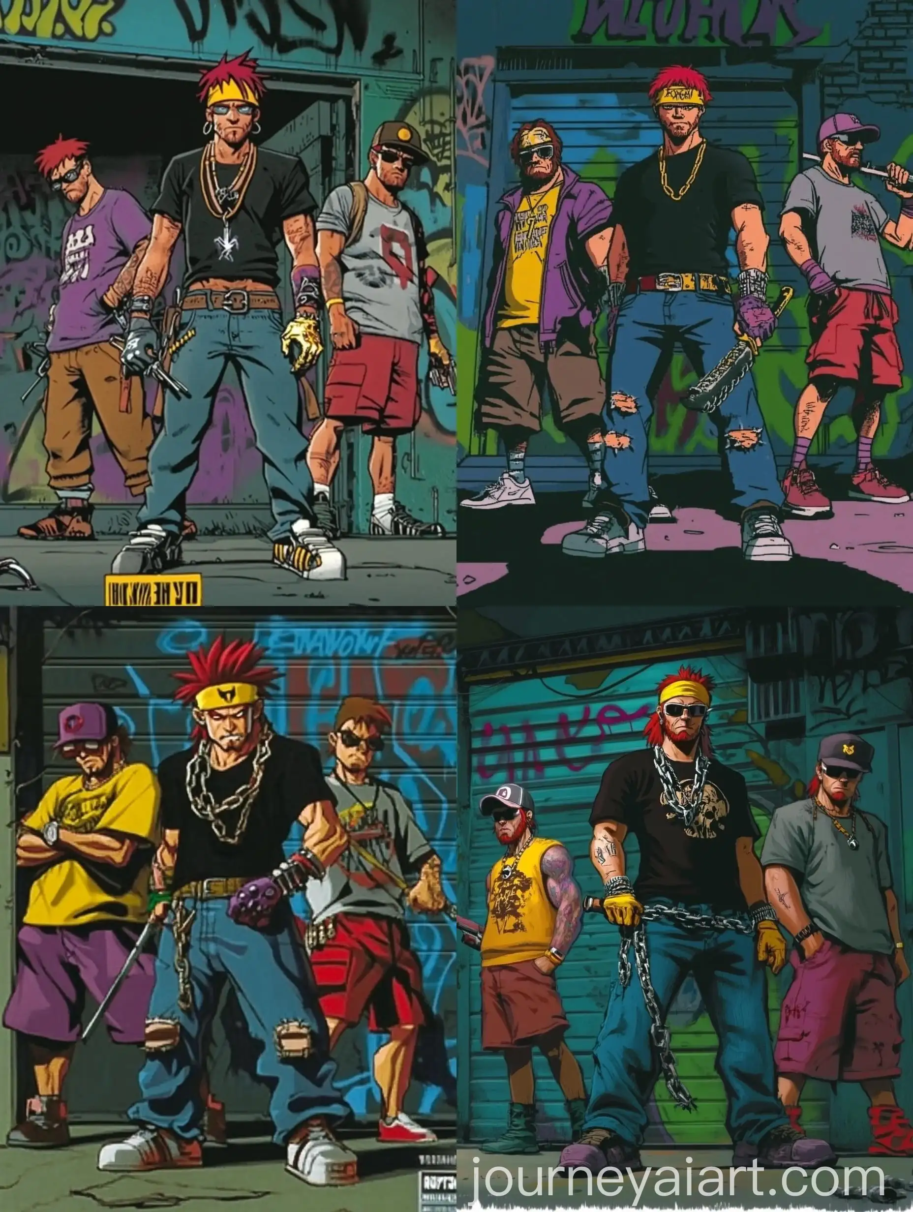 Three-Bandits-at-Night-in-Front-of-Graffiti-Garage