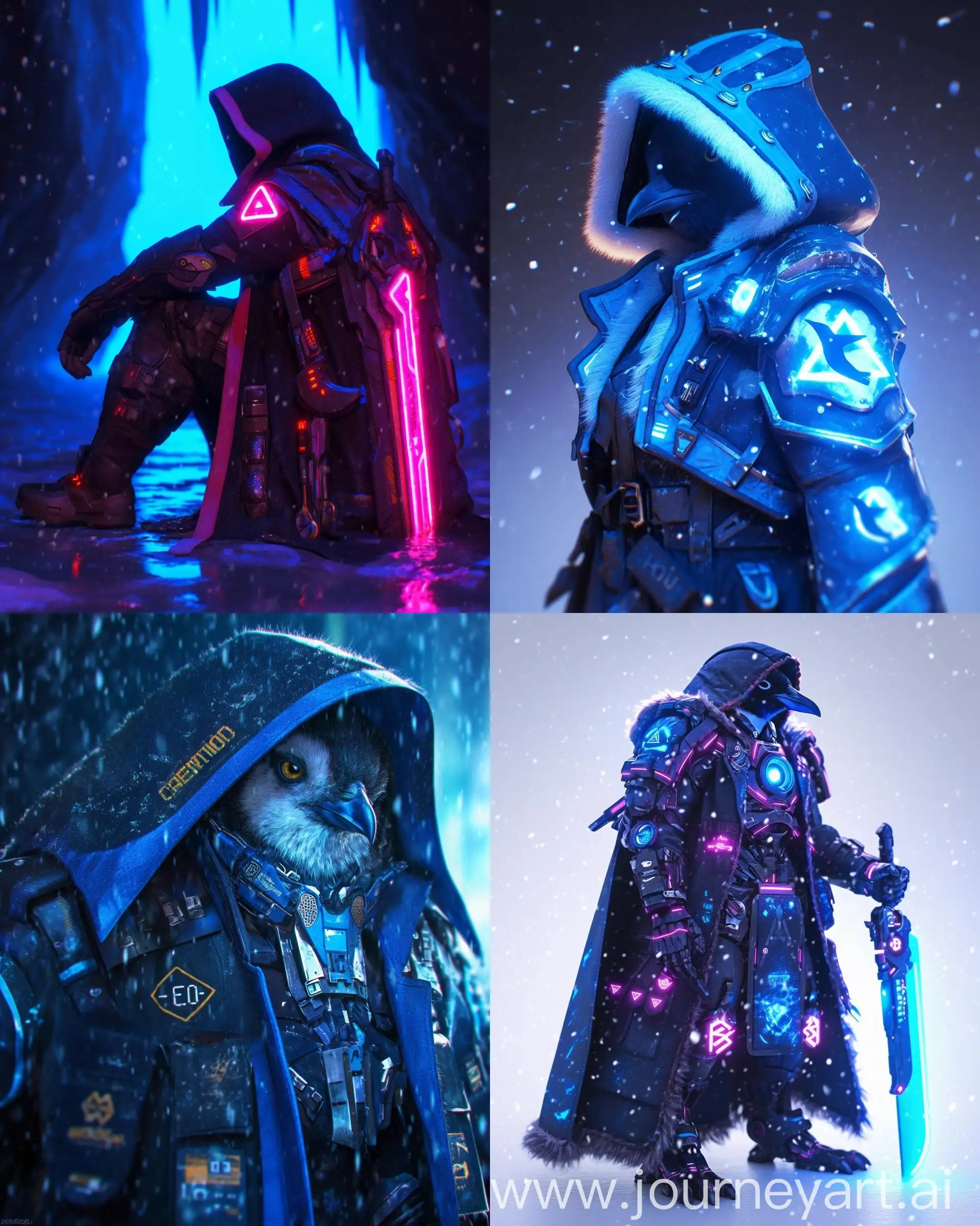 Cyberpunk-Penguin-in-Arctic-with-Neon-Techno-Saber-and-Cosmic-Watercolor-Effects