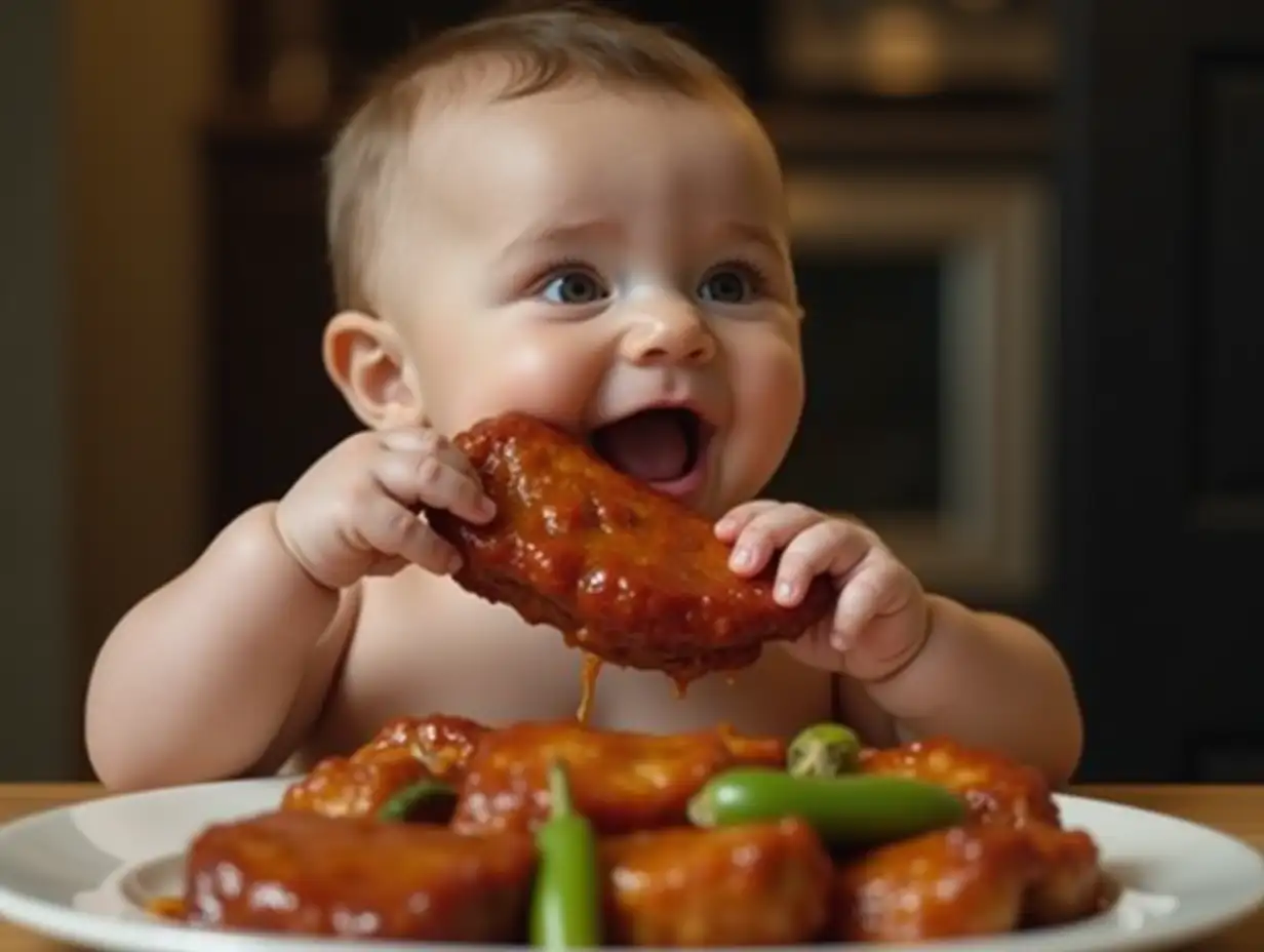 A chubby baby with a surprised expression, eating a large,saucy piece of meat with both hands. The baby has shiny skin and is sitting in front of a plate filled with pieces of juicy,saucy meat garnished with green peppers. The background is indoors, slightly blurred, making the baby and the food the main focus. High_quality, realistic lighting highlights the baby's facial expressions and the glistening sauce on the meat