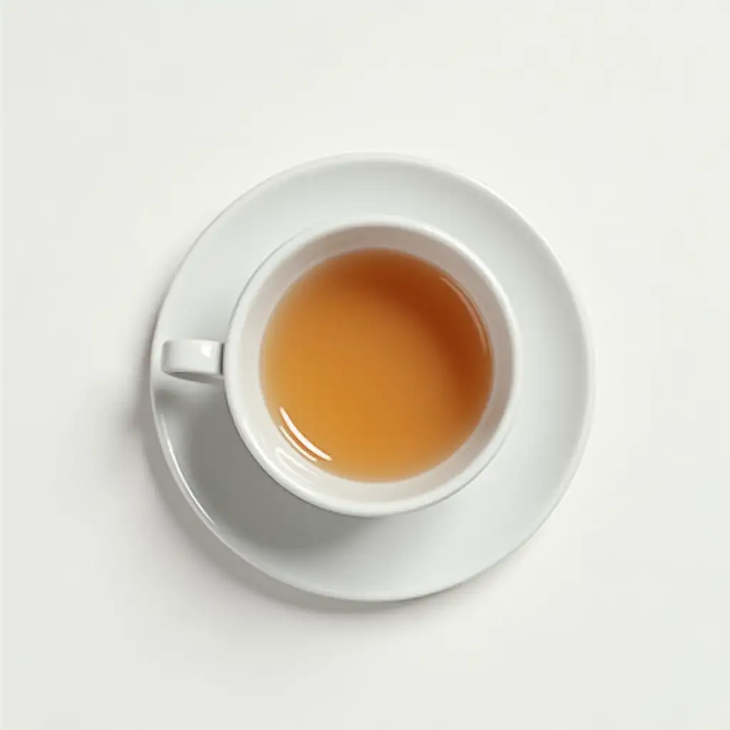 a cup of tea. in a completely white place