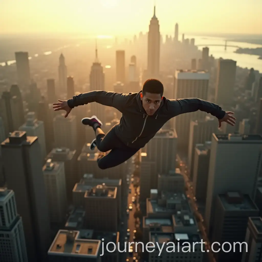 Person-Flying-Over-New-York-City-in-Modern-Tracksuit-at-Golden-Hour