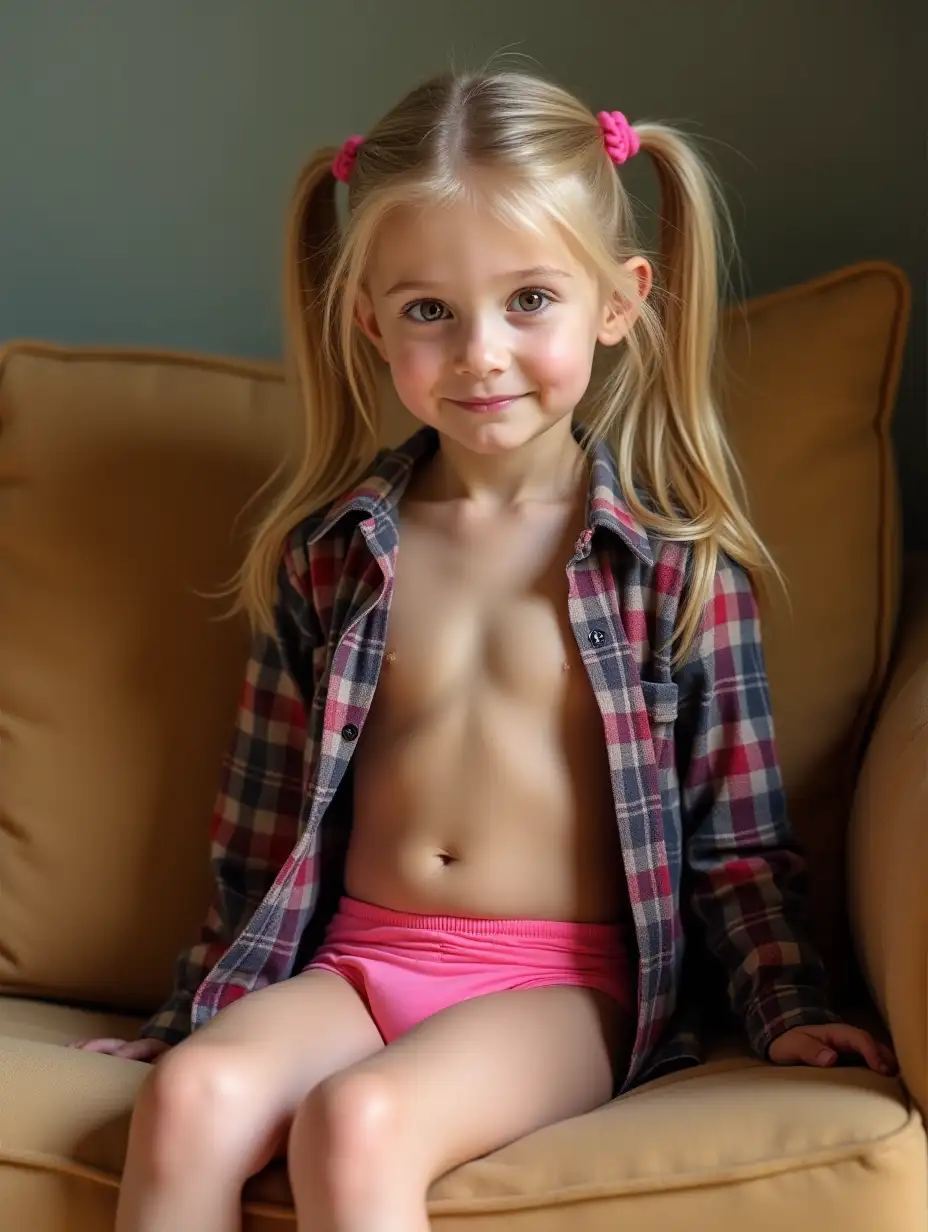 Shy-Little-Girl-Sitting-on-Tan-Sofa-with-Plaid-Shirt-and-Pink-Bikini