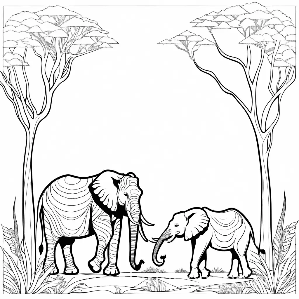 a giraffe, an elephant and a Wildebeest on an African savannah, Coloring Page, black and white, line art, white background, Simplicity, Ample White Space. The background of the coloring page is plain white to make it easy for young children to color within the lines. The outlines of all the subjects are easy to distinguish, making it simple for kids to color without too much difficulty