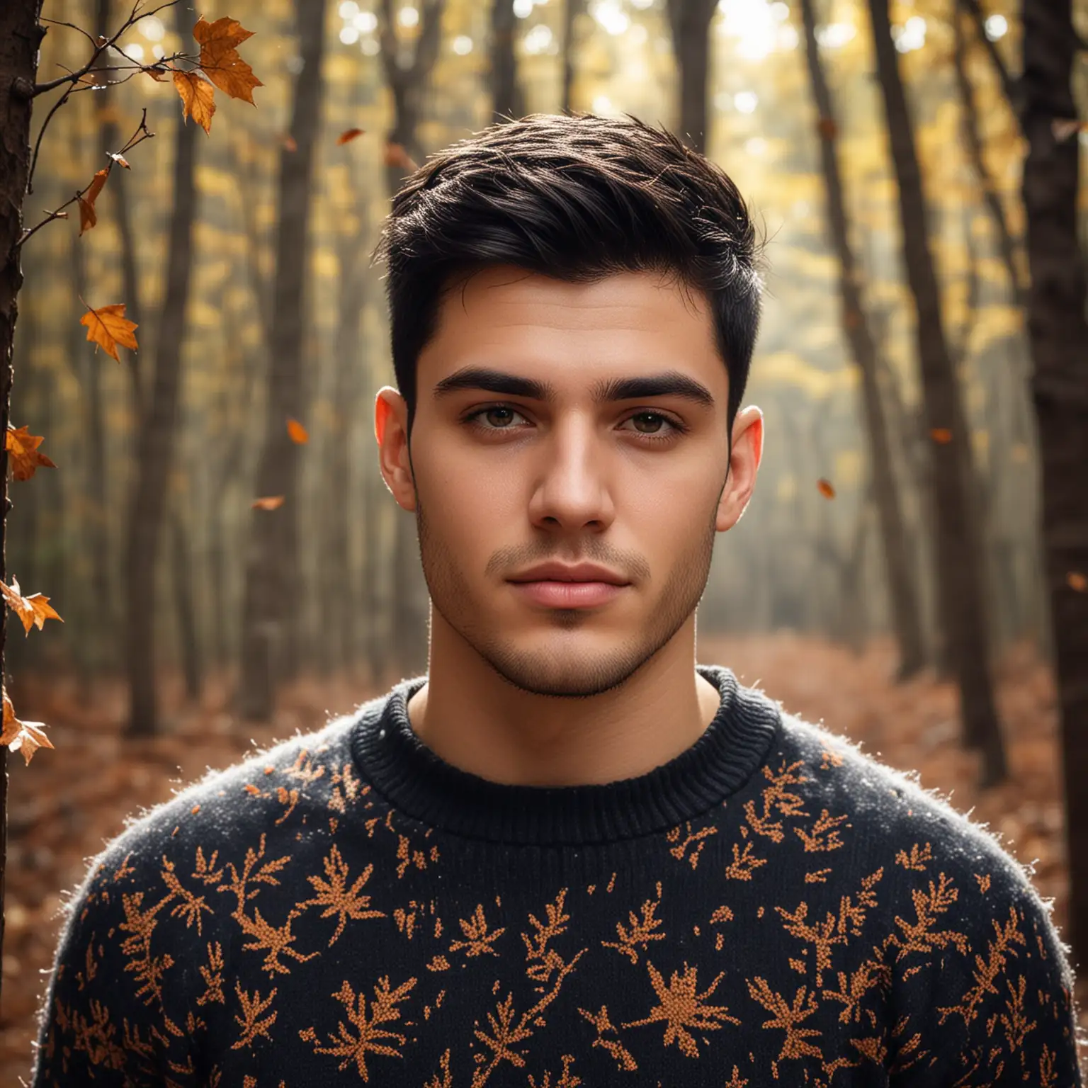 create photo of a handsome man 25 yo, no beard, shaved face, black hair hair, buzz hair cut, in a studio lights, wearing sweater, in a forest, some leaves falling down