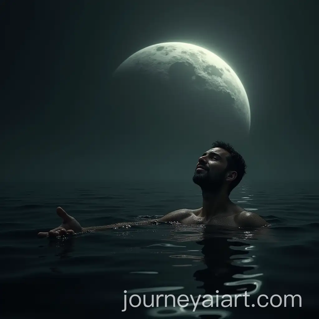 Man-Floating-Emotionlessly-on-Black-Sea-Gazes-at-Bright-Planet
