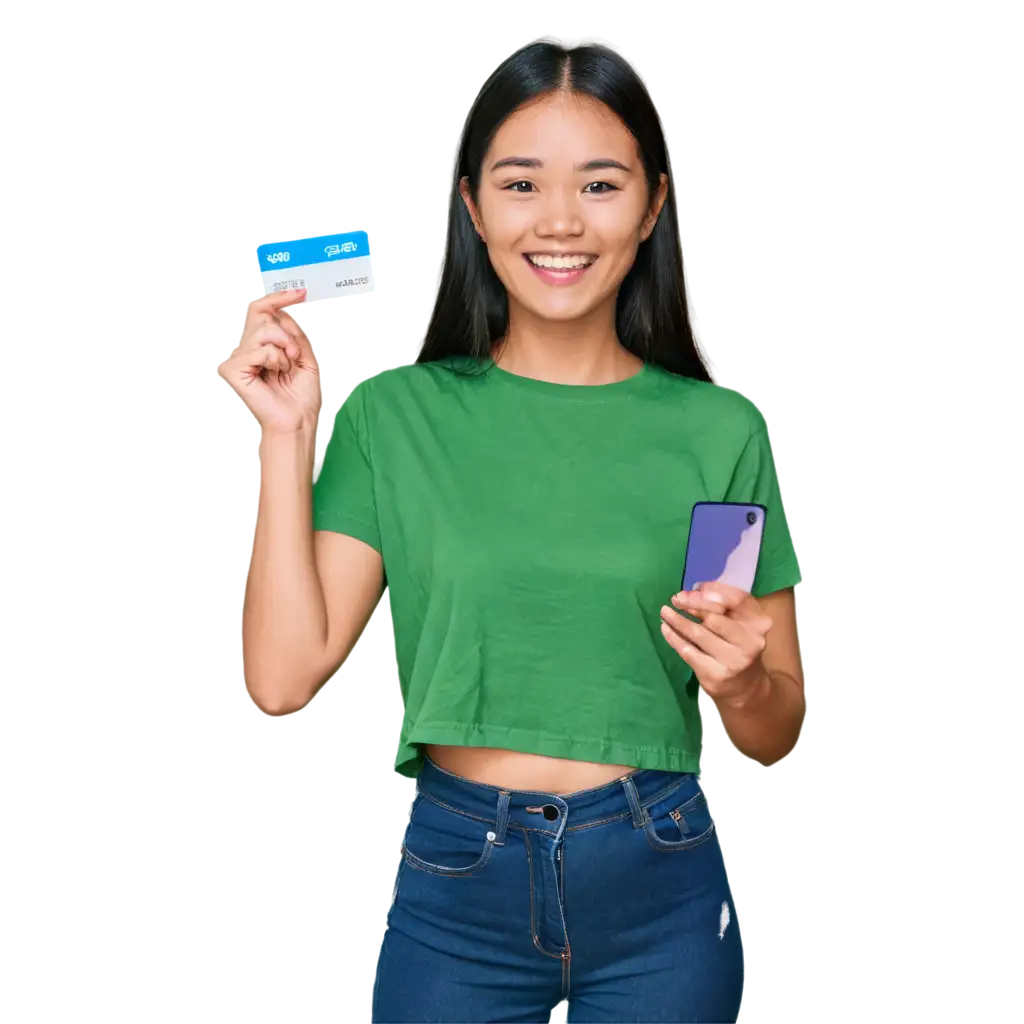 HighQuality-PNG-Image-of-35YearOld-Asian-Woman-in-Green-TShirt-Holding-a-Credit-Card