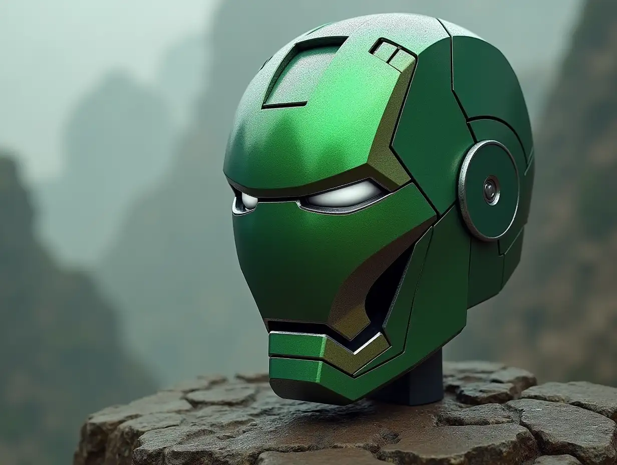 Iron Man green,chrome costume face stands on a rock 4K resolution