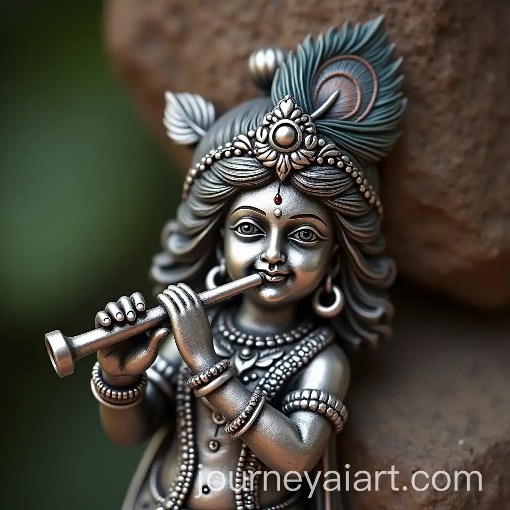 Silver-Pendant-of-Krishna-Holding-Flute-with-Peacock-Feather-and-Garland