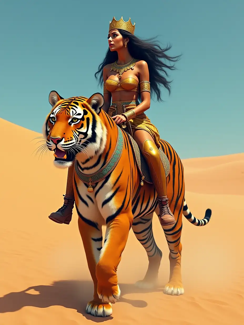 Woman-Riding-a-Regal-Tiger-Through-a-Desert-Landscape