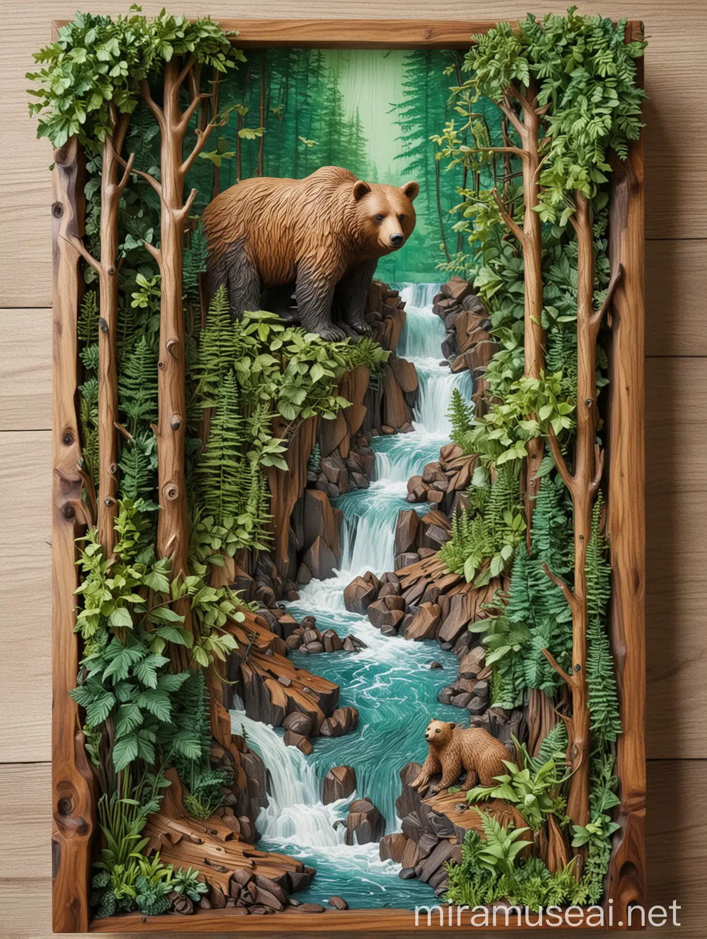 Verdant Forest Wood Art Cascading Stream with Bear