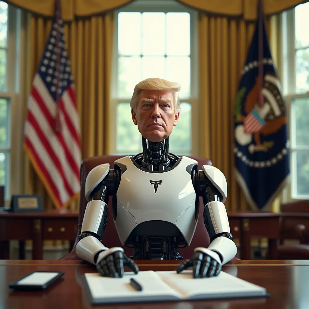 Tesla-Robot-with-Donald-Trump-Toy-Head-in-the-Oval-Office