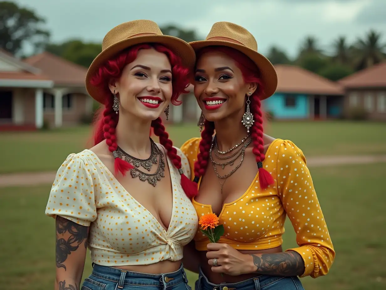 Two white, plump Pin-up girls aged 70 with red braids wear a yellow and blue checked low-cut blouse, with a light laugh on their lips, tattoos, golden top hat, red lipstick emphasizes their smile, modern jewelry, black skin, and carnation in hand, in a park with many houses in Cyberpunk Brazil 8k quality