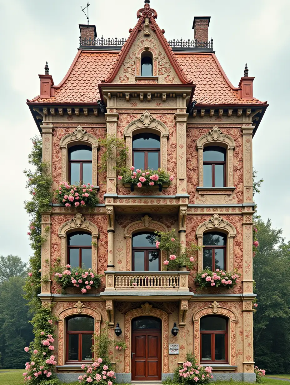 Russian five-story panel Khrushchev in the Gzhel style, covered with Gzhel patterns, and flowers grow on it 