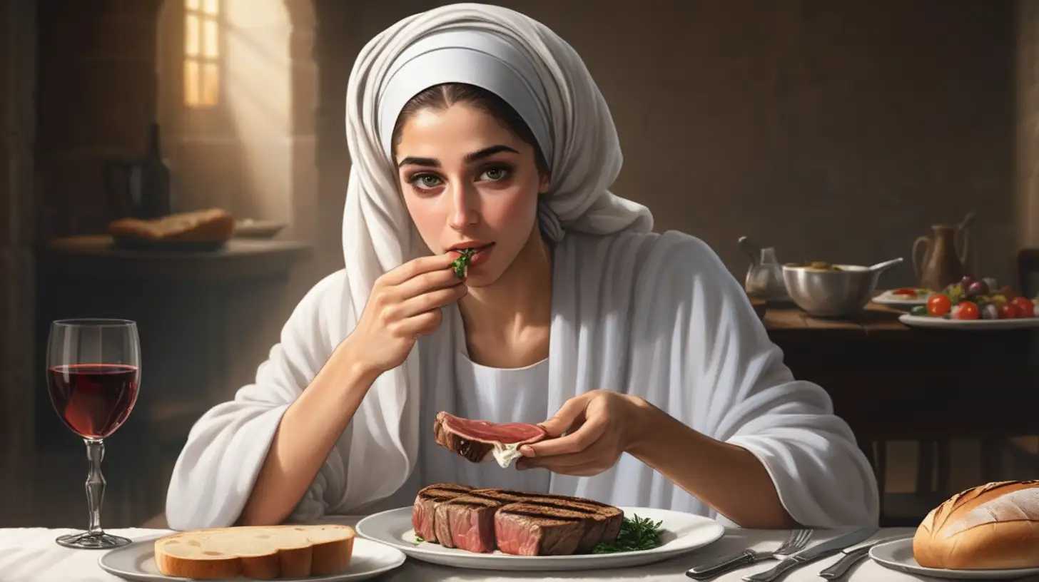 Young Hebrew Woman Eating Bread with Cooked Steak