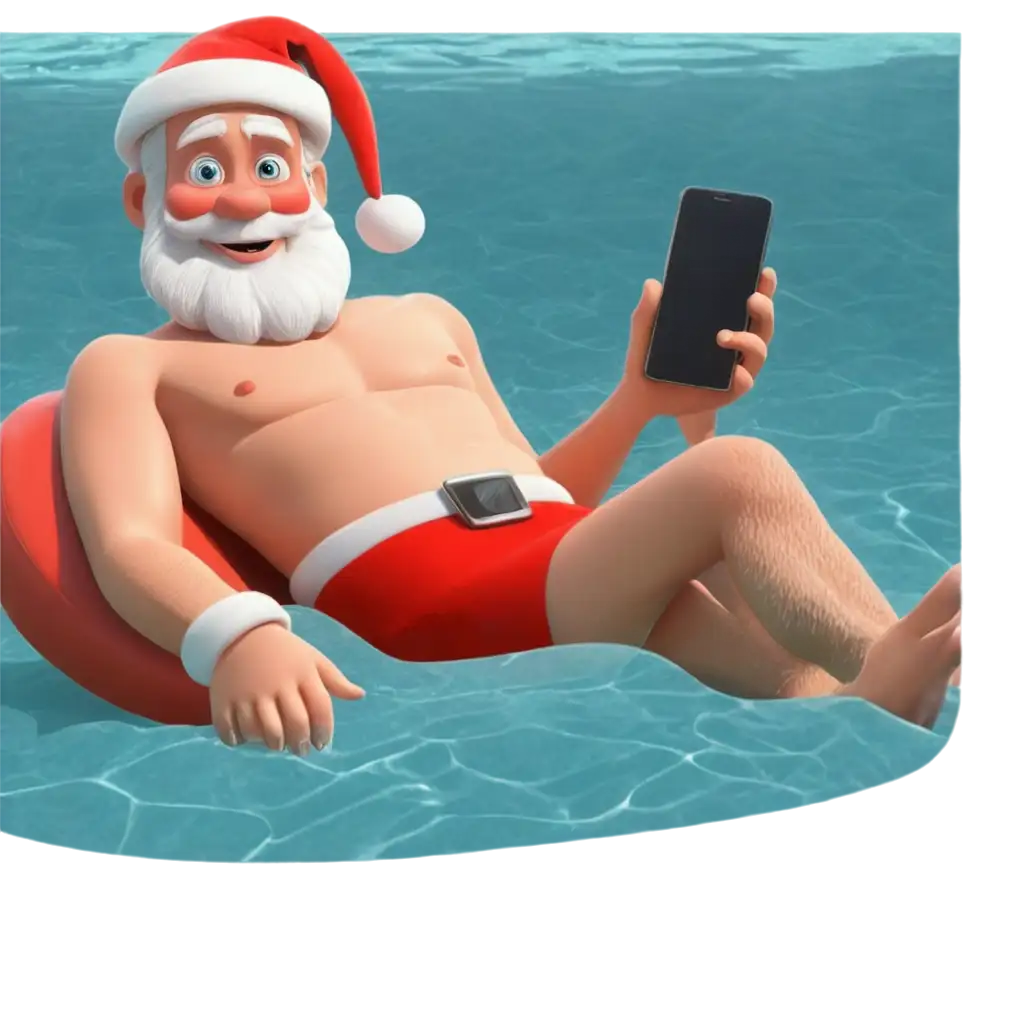 Santa-Claus-in-PixarStyle-PNG-Image-Relaxing-in-a-Pool-with-Baby-Clothes-and-Cell-Phone