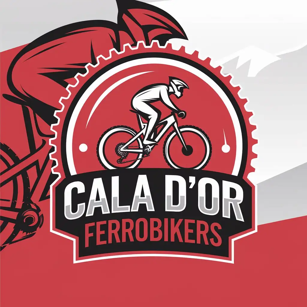 a vector logo design,with the text "CALA D'OR FERROBIKERS", main symbol:bicycle club focused on mountain bike in which red prevails and has a sprocket and a mountain biker,Moderate,clear background