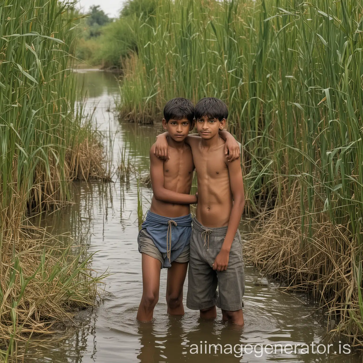 Two-Indian-Boys-Cuddling-in-Reeds-by-River-with-Third-Boy-Watching