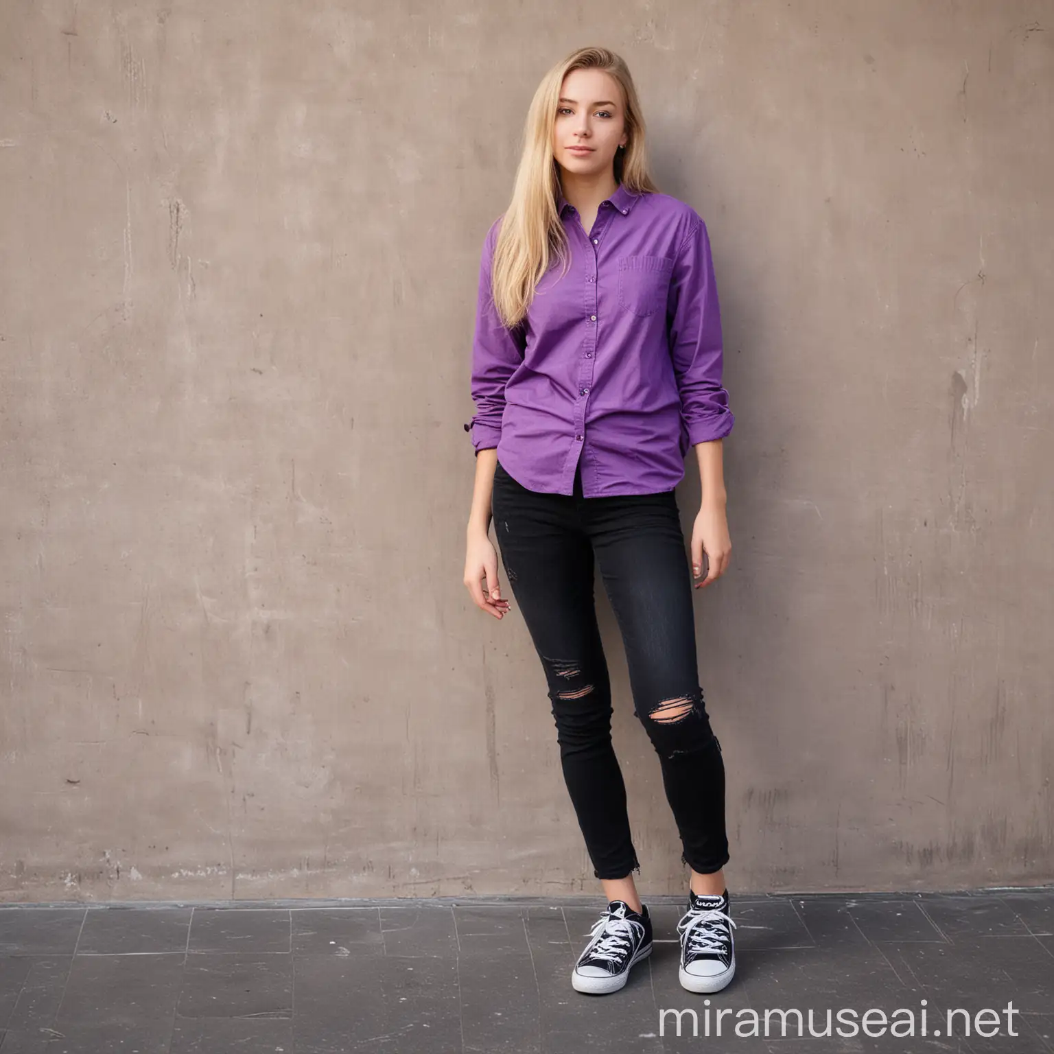 Young Blond Girl in Purple Shirt and Black Jeans