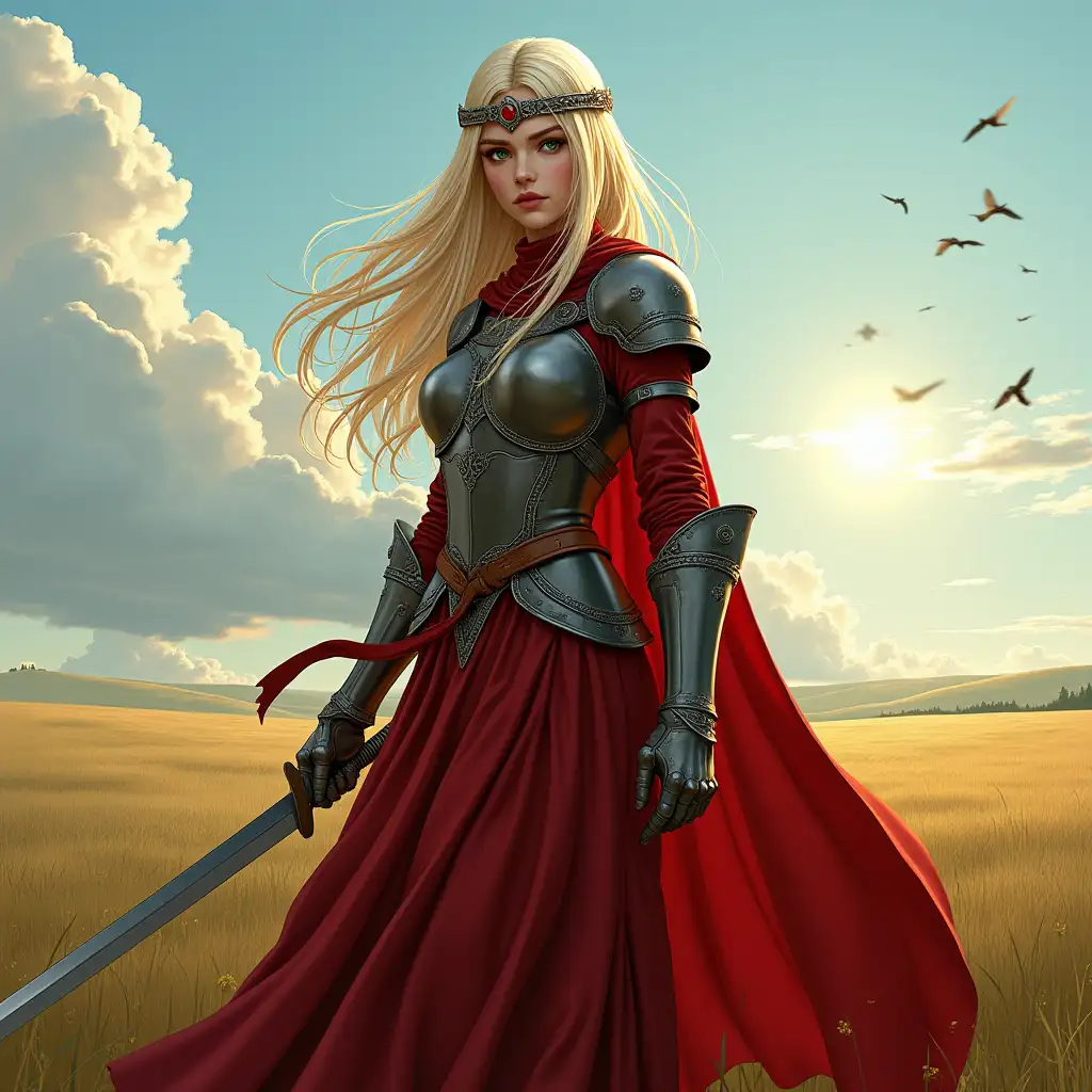 Beautiful young sorceress, girl knight, graceful, slender, flexible, fair hair, green eyes, long red dress, leather armor, cuirass, pauldrons, vambraces and hauberk, diadem on forehead, field, clear morning, light wind, clouds, sunbeams, realistic, high-artistic illustration, in the style of Witcher 3, comic art, dark fantasy