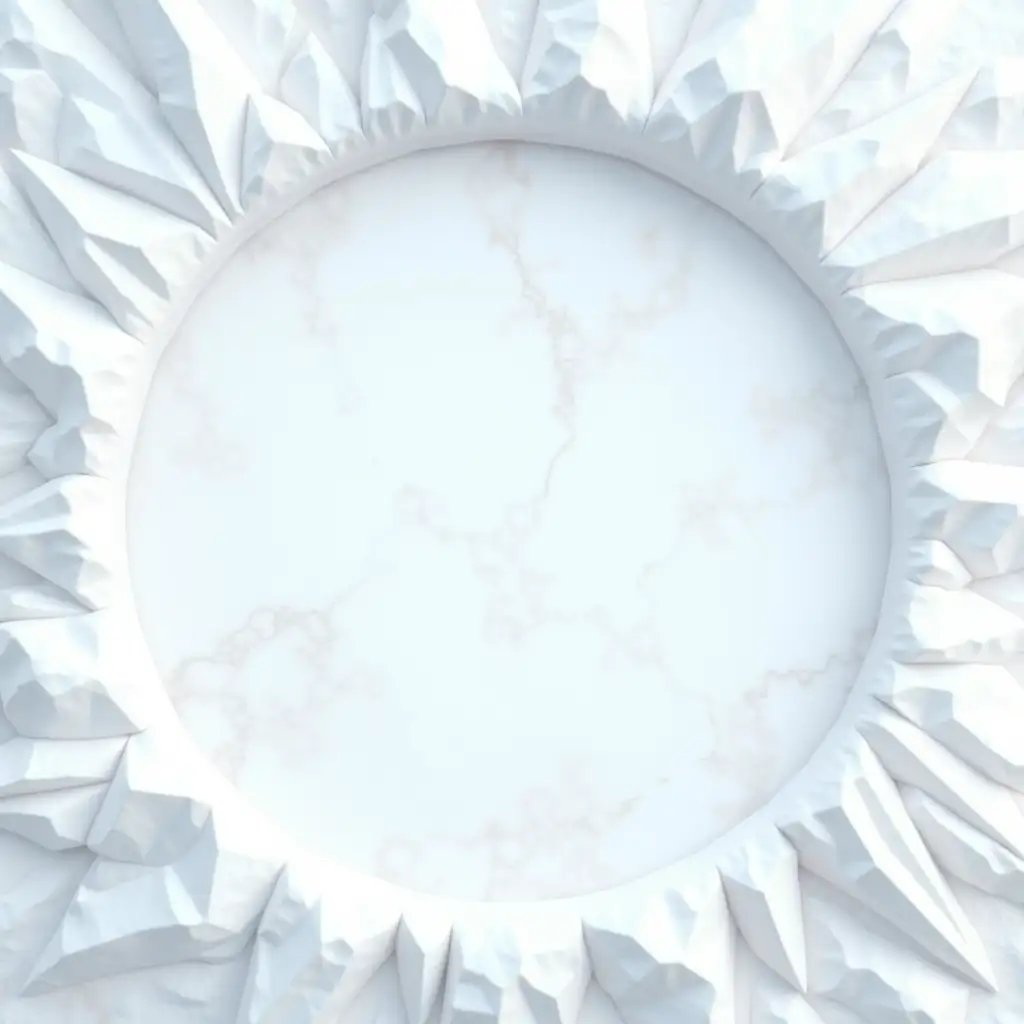 Isometric view of a crystalline terrain surface, predominantly white and pale gray with subtle geometric patterns. The center is a smooth, flat area suitable for construction, with natural crystalline veins running through the stone like marble. The edges rise into gentle crystal formations in whites and pale blues, creating natural borders. The surface texture has subtle faceted patterns, maintaining a clean look while suggesting its crystalline nature. Clean digital art style, rendered in high resolution, designed as a game background texture.