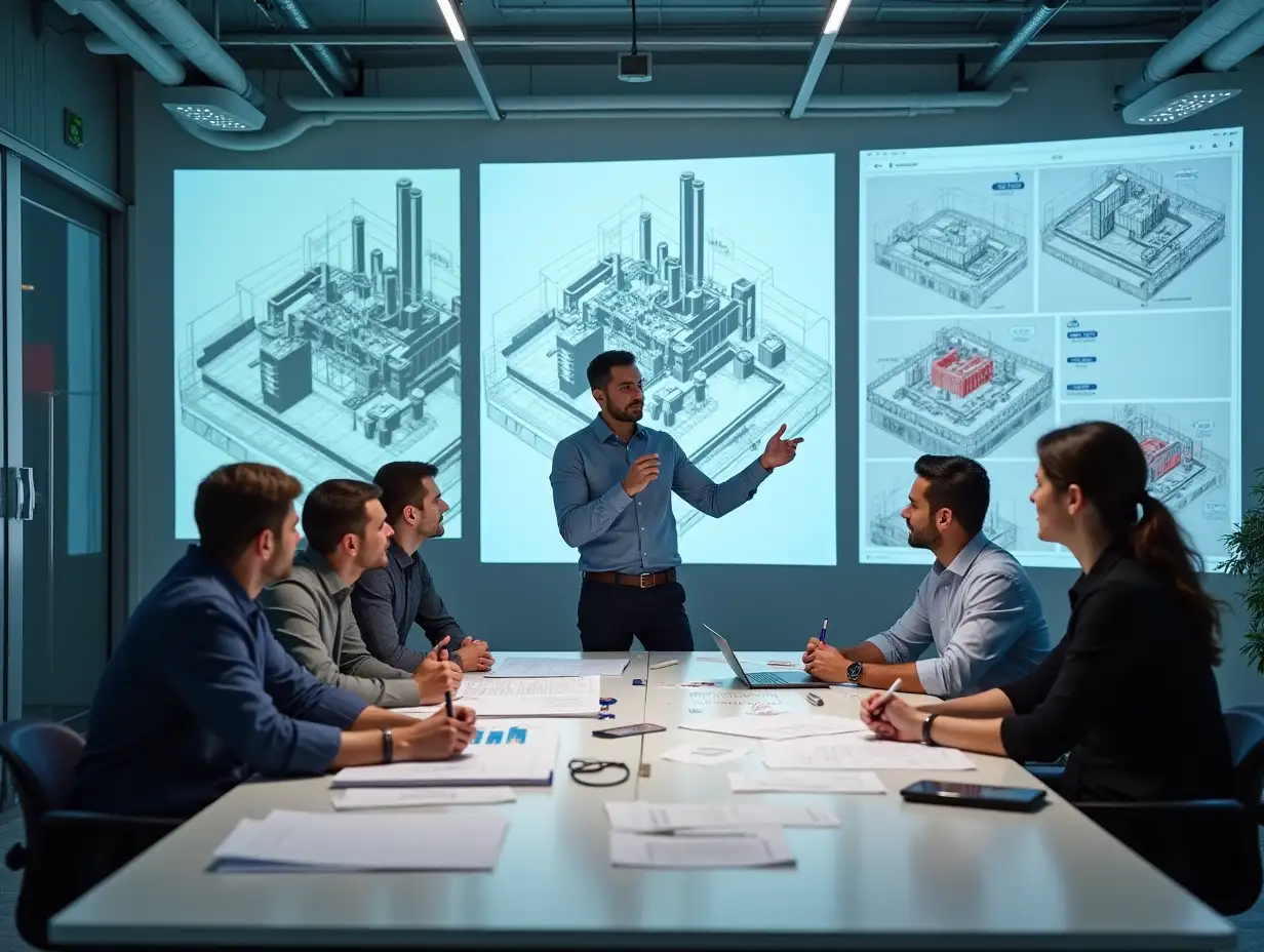 Show a team of engineers and technologists working on a new yeast factory project in a modern office or laboratory. Drawings, diagrams, and technical documents are scattered on the tables, while graphs and diagrams showing technological processes are on the walls. One specialist is demonstrating a 3D model of the factory on a large screen, while other team members discuss details and take notes. The atmosphere should be creative and focused, emphasizing collaboration and an innovative approach to yeast production technology development.