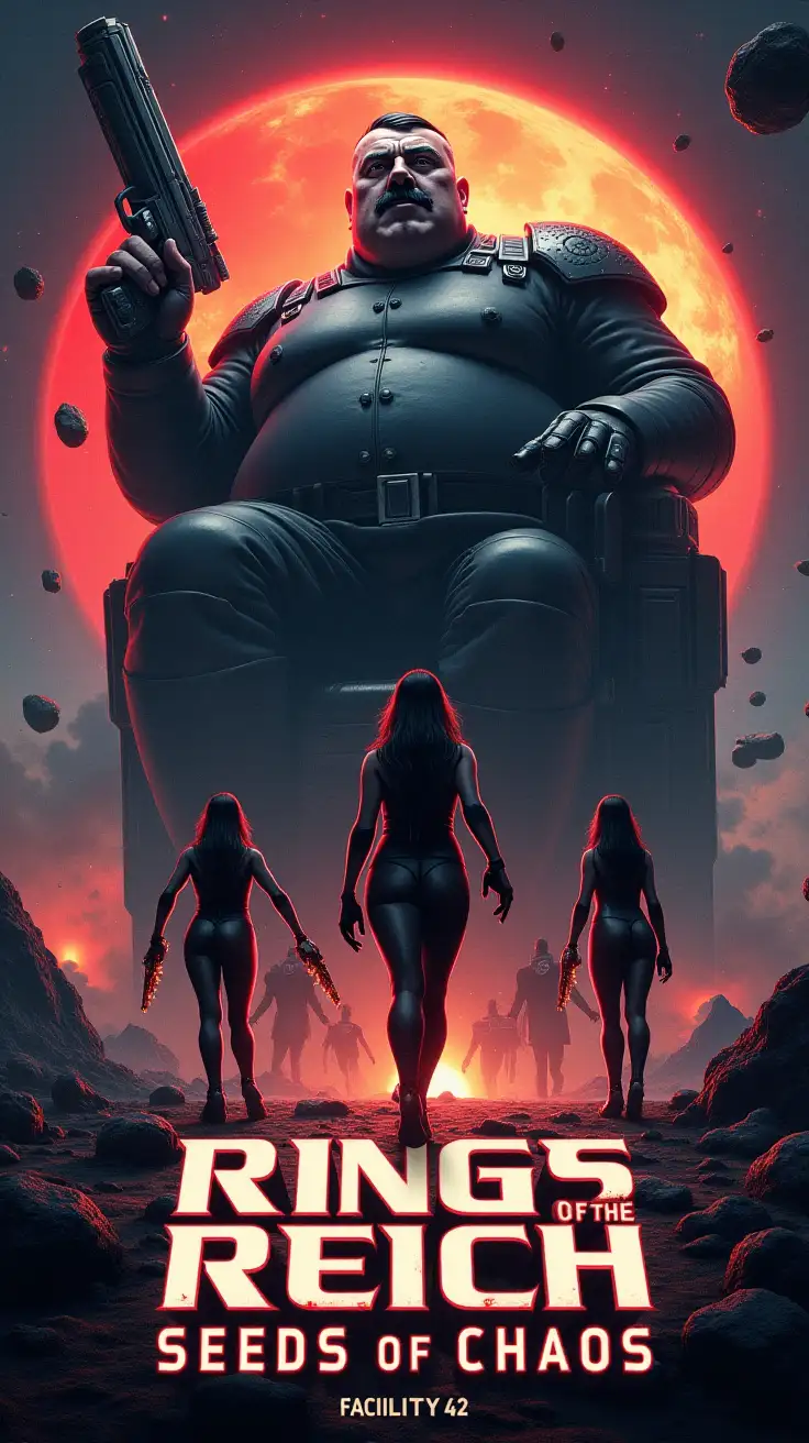 Design a vibrant, dramatic sci-fi poster for a space opera titled Rings of the Reich: Seeds of Chaos. The artwork should feature a dark, fortified asteroid base (Facility 42) glowing with eerie lights, surrounded by treacherous asteroids disguised as mines. In the foreground, showcase Heavy Hitler—a bloated, maniacal figure that looks like an obese adolf hitler in a futuristic armored hover-throne, his piercing eyes filled with ambition. He should loom menacingly over his creations:  mischievous humanoid millitary Squirrels ,  wielding plasma pistols and wearing a tiny sparking jetpack, and a group of sleek Sexy dark haired women in black bodysuits, striking synchronized combat poses. The background should depict a chaotic, star-filled galaxy with a looming threat of battle—explosions, rival ships, and a shattered Federation emblem. Highlight a tagline like, 'In a galaxy teetering on chaos, genius and madness collide.' Use bold, retro-futuristic typography for the title and tagline, blending a sense of adventure with a dark comedic tone. Ensure the colors are rich and vibrant, emphasizing deep blacks, glowing reds, and metallic silvers to reflect the tone of the story.