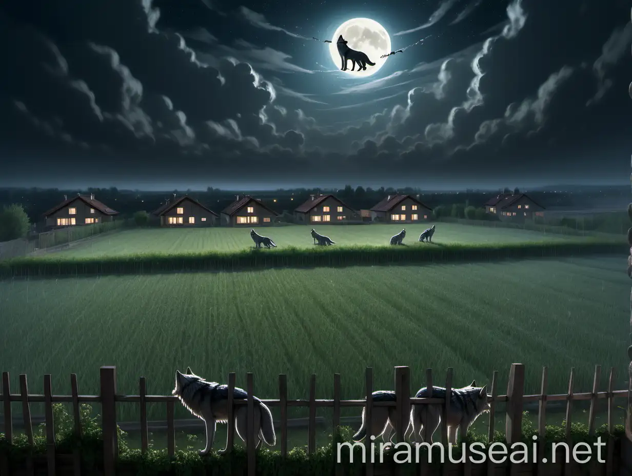 Harvest Moon with Howling Wolves and Two Houses in Field